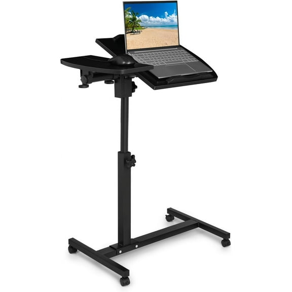 Wubio Mobile Laptop Desk, Standing Desk Height Adjustable Rolling Table, Bed Side Laptop Table with 2 Tilting Desktops and Wheels 360° Rotatable Computer Workstation for Office, , Black