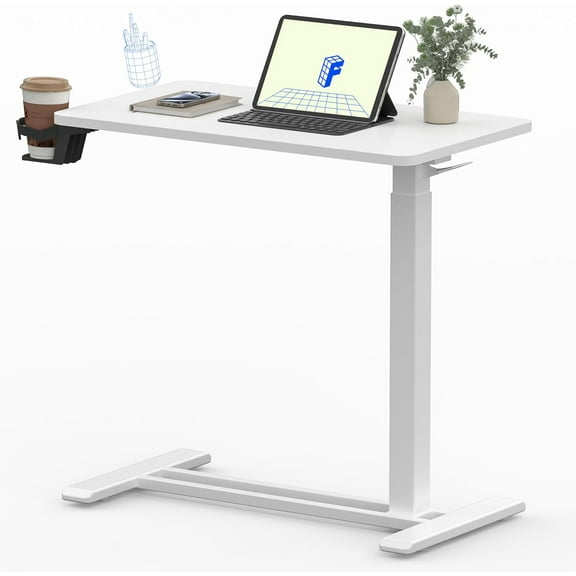 Wubio Mobile Standing Desk with Wheels Pneumatic Laptop Desk Rolling Computer Cart Movable Height Adjustable Small Sit Stand Desk Computer Workstations Home Use(27.6" W x 15.7" D,White