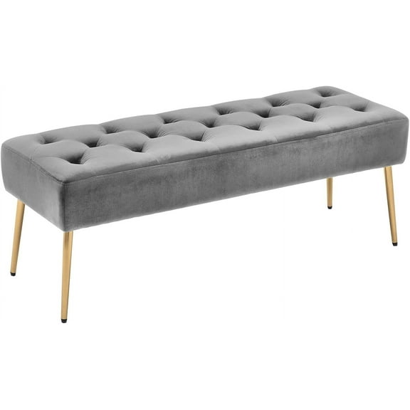 Wubio Modern Velvet Ottoman Bench, Button-Tufted Upholstered Bedroom Benches,End of Bed Bench with Gold Base for Entryway Living Room Dining Room, Grey