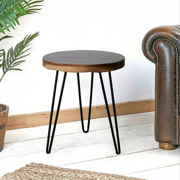 Wubio Natural Teak Wood Round End Side Table with Hairpin Legs 21" H Home Decor