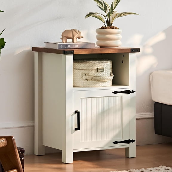 Wubio Nightstand with Charger Station and USB Port, 18 Inch Farmhouse Night Stand with Storage Shelf, Modern Couch Side Table with Magnetic Door, Bedside Tables for Bedroom, Home, Antique White