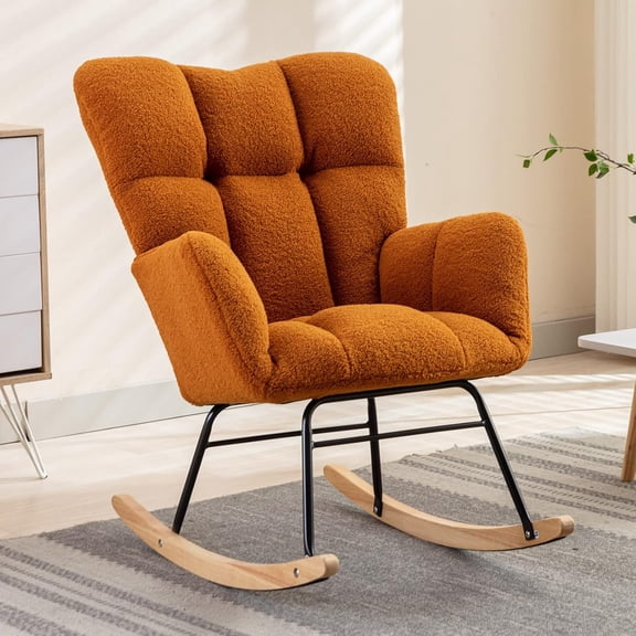 Wubio Nursery Rocking Chair Teddy Upholstered Glider Rocker Rocking Accent Chair Padded Seat with High Backrest Armchair Comfy Side Chair for Living Room Bedroom Offices (Orange)