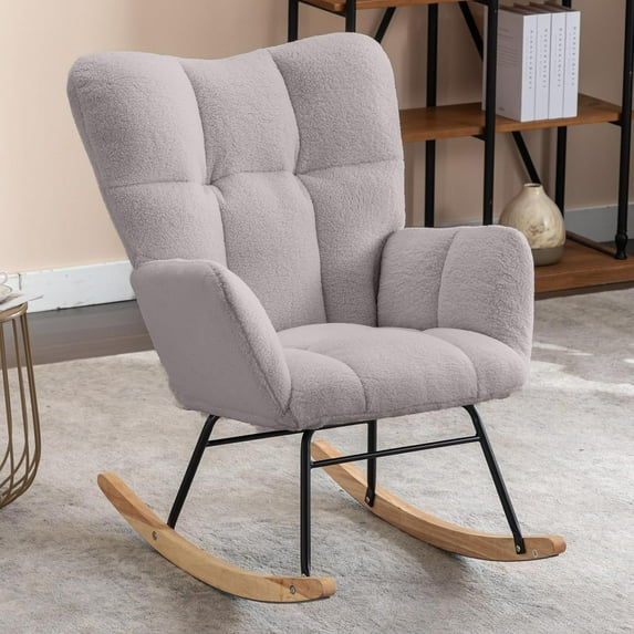 Wubio Nursery Rocking Chair Velvet Upholstered Glider Rocker Rocking Accent Chair Padded Seat with High Backrest Armchair Comfy Side Chair for Living Room Bedroom Offices (Light Gray)