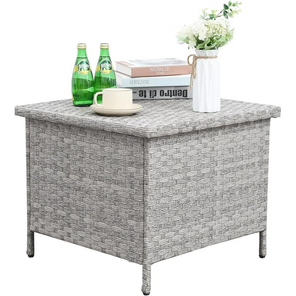 Wubio Outdoor PE Wicker Side Table with Storage Patio End Table Resin Rattan Storage Table for Garden Backyard Porch Poolside, Grey