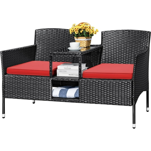Wubio Outdoor Patio Loveseat Modern Rattan 2-Seat Patio Conversation Set with Cushions & Built-in Coffee Table Porch Furniture for Garden Lawn Backyard (Red)