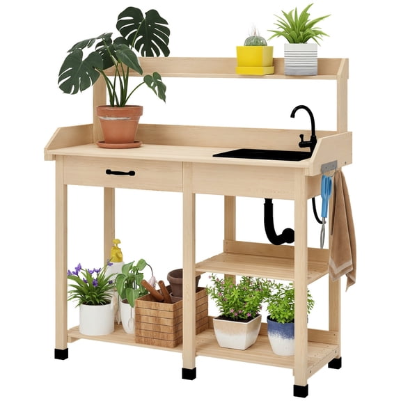 Wubio Outdoor Potting Bench Table w/ Drawer, Sink, Storage Shelves, Natural Wood