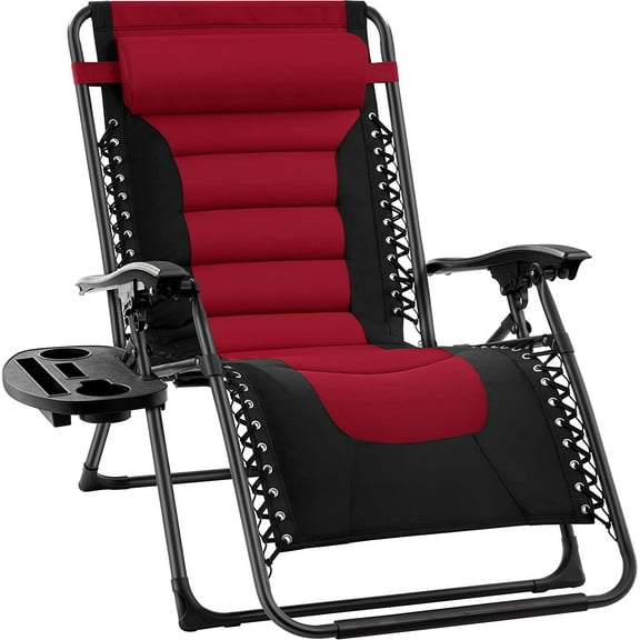 Wubio Oversized Padded Zero Gravity Chair, Folding Outdoor Patio Recliner, XL Anti Gravity Lounger for Backyard w/Headrest, Cup Holder, Side Tray, Polyester Mesh - Black/Burgundy