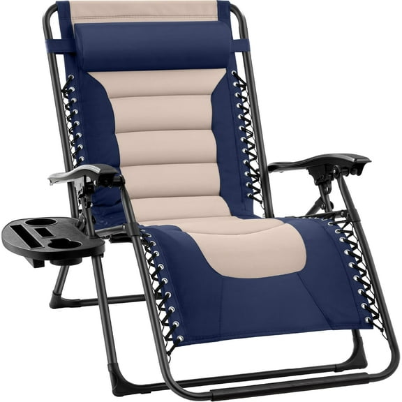Wubio Oversized Padded Zero Gravity Chair, Folding Outdoor Patio Recliner, XL Anti Gravity Lounger for Backyard w/Headrest, Cup Holder, Side Tray, Polyester Mesh - Navy/Oyster