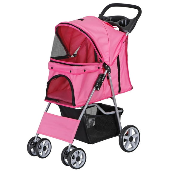 Wubio Pet Stroller 4 Wheels Dog Cat Stroller for Small Medium Dog Cats Carrier Jogger Travel Foldable Puppy with Storage Basket and Cup Holder (Pink)