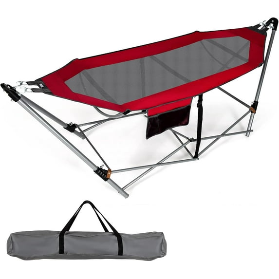 Wubio Portable Folding Hammock, Lounge Camping Bed with Hammock Stand, Indoor & Outdoor Hammocks w/Side Pocket, Anti-tip Buckles & Iron Stand for Camping Outdoor Patio Yard Beach (Red)