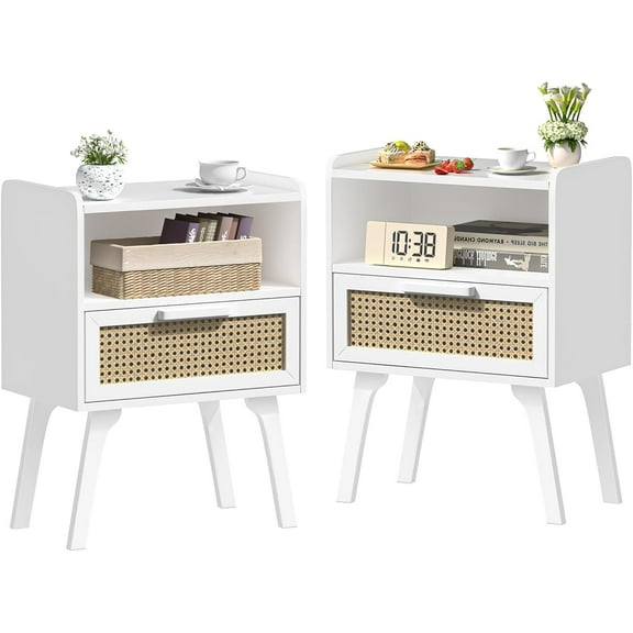 Wubio Rattan Nightstands Set of 2, Bedside Table with Drawer Open Shelf, Cane Accent Side End Table with Solid Wood Legs, White Mid Century Night Stand for Bedroom, Dorm and Small Spaces