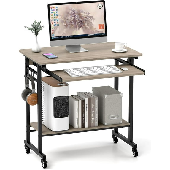 Wubio Rolling Computer Desk Cart with Keyboard Tray, Mobile Portable Laptop PC Desk with CPU Stand & 3 Hooks for Sofa & Bed, Industrial Small Desk on Wheels for Small Spaces (Grey)