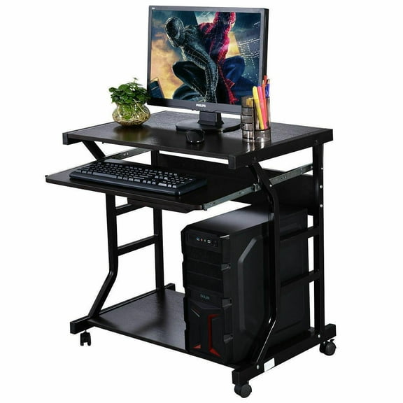 Wubio Rolling Computer Desk PC Laptop Tempered Glass Table Workstation for Home
