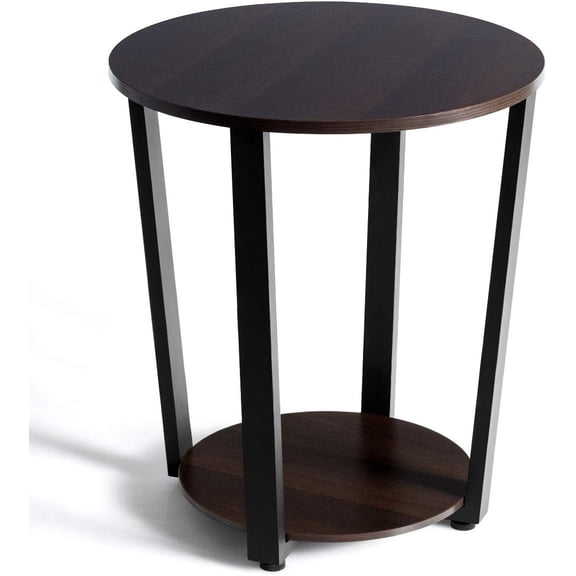Wubio Round End Table, 2-Tier Accent Side Table with Storage Shelf, Small Industrial Sofa Couch Table with Storage Rack, Snack Table for Home Living Room Bedroom (1, Dark Walnut)