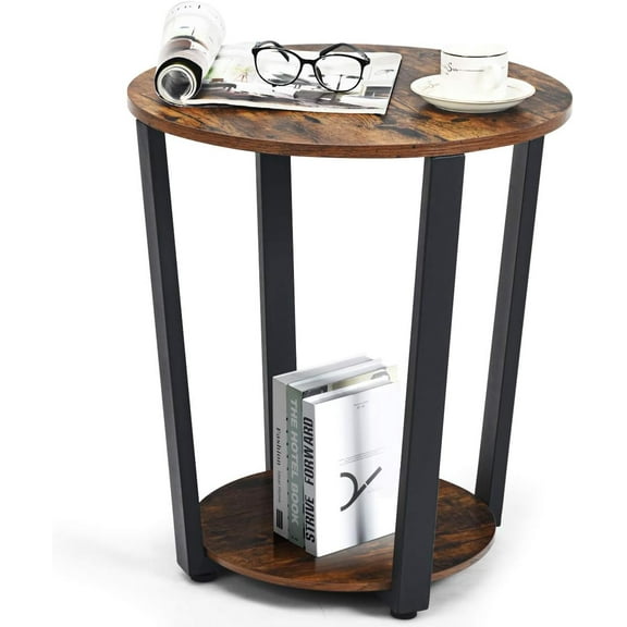 Wubio Round End Table, 2-Tier Accent Side Table with Storage Shelf, Small Industrial Sofa Couch Table with Storage Rack, Snack Table for Home Living Room Bedroom (1, Rustic Brown)