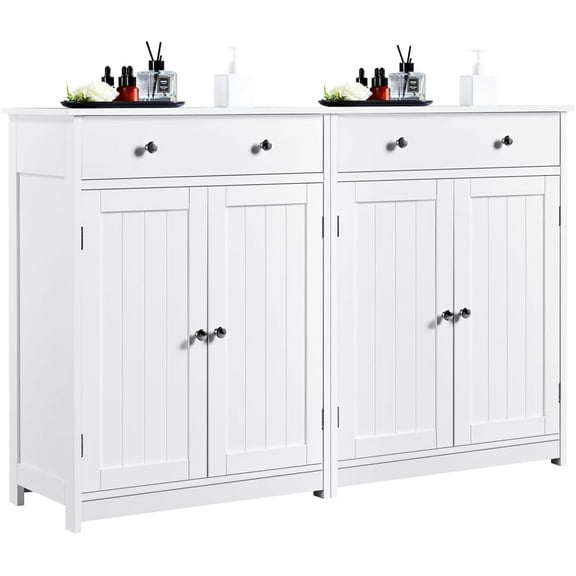 Wubio Set of 2 Bathroom Storage Cabinet with 1 Drawer and 2 Doors, Freestanding Entryway Storage Unit with Adjustable Shelf, Home Organizer for Entryway, Living Room, White