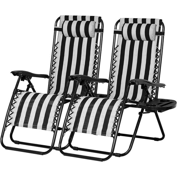 Wubio Set of 2 Relaxing Recliners Patio Chairs Adjustable Steel Mesh Zero Gravity Lounge Chair Beach Chairs with Pillow-Black/White Stripe