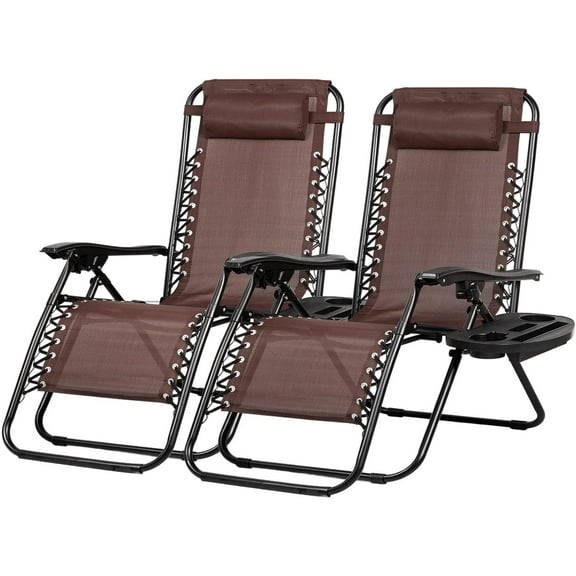 Wubio Set of 2 Relaxing Recliners Patio Chairs Adjustable Steel Mesh Zero Gravity Lounge Chair Beach Chairs with Pillow-Brown