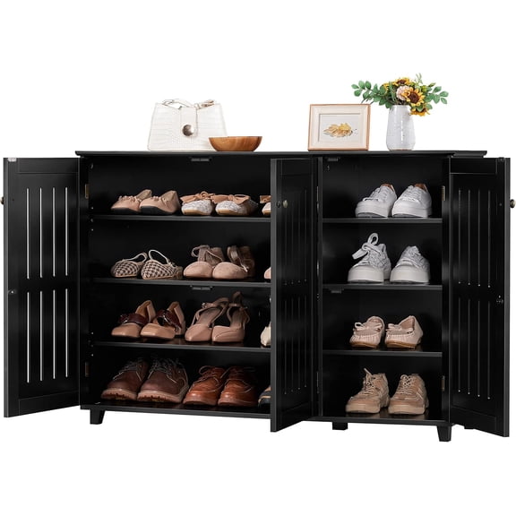 Wubio Shoe Rack Frees Standing Storage Organizer 4 Tier Shoe Shelf Storage Louvered Door Entryway Hallway Furniture for Living Room Bathroom Black