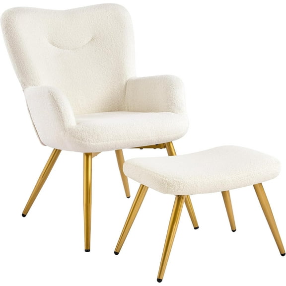 Wubio Small Accent Chair with Ottoman Set, Boucle Armchair and Footstool, Lounge Reading Chair with Golden Metal Legs for Living Room/Bedroom/Office, Ivory