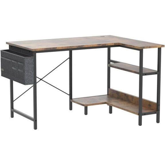 Wubio Small L Shaped Computer Desk, 40 Inch Corner Desk with Reversible Storage Shelves for Home Office Workstation, Modern Simple Writing Study Table with Iron Hook, Vintage