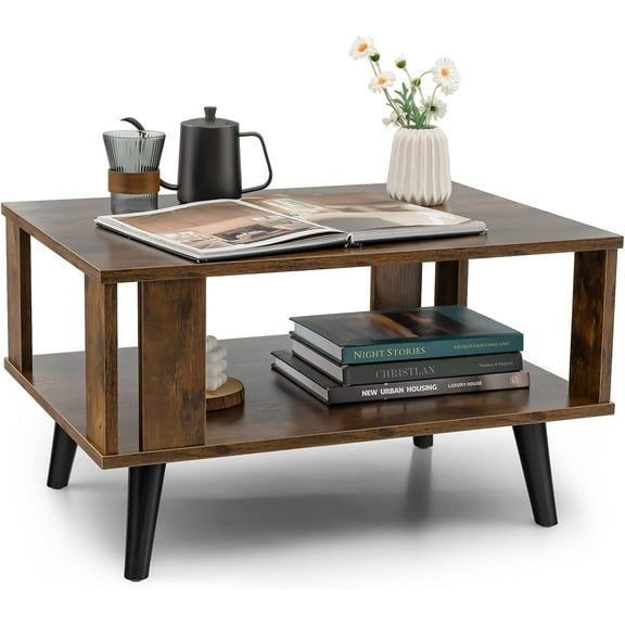Wubio  Small Wood Coffee Table, 2-Tier Tea Table w/Open Storage Shelf & Supportive Legs, Easy Assembly, Mid-Century Center Table for Living Room, Reception Room