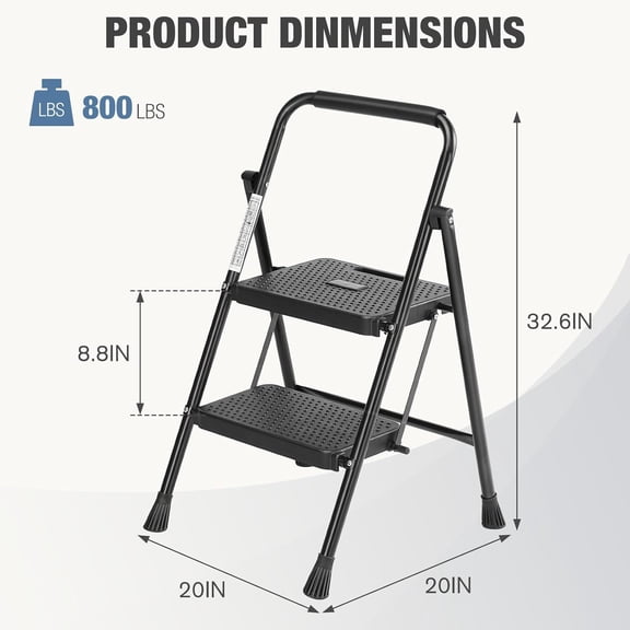 Wubio Step Ladder Folding Step Stool with Wide Anti-Slip Pedal Sturdy Portable Ladder-Black-2-Step