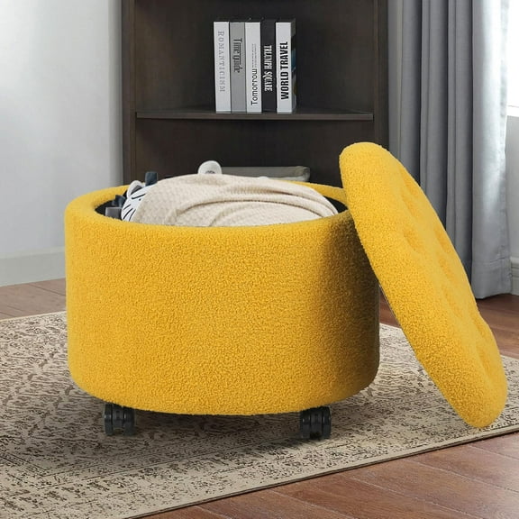 Wubio Teddy Fleece Cushion Round Button Tufted Storage Footstool, Height 16 Inches Storage Ottoman, with Steerable Rolling Wheels, Bright Yellow