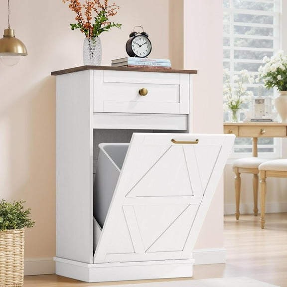 Wubio Tilt Out Trash Cabinet 10 Gallon, Woodern Hidden Trash Can Holder, for Kitchen, Laundry Sorter (White)
