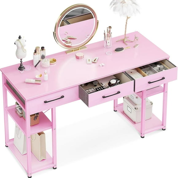 Wubio Vanity Desk with Fabric Drawers & Storage Shelves, Makeup Dressing Table, Home Office Desks for Bedroom, Modern Simple Writing Desk,Pink, 48"x16" (No Mirror)