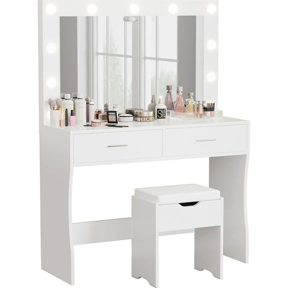 Wubio Vanity Desk Set with Large Lighted Mirror, 35.4 Inch Makeup Vanity Table with 2 Drawers, Cushioned Storage Stool, 3 Lighting Modes Brightness Adjustable, Dressing Table for Bedroom (White)