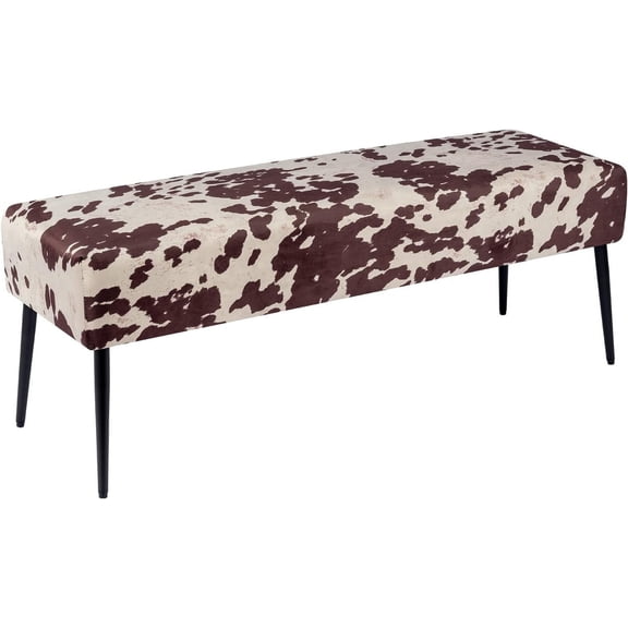 Wubio Velvet Bench Ottoman, Upholstered Bedroom Benches Cow Print End of Bed Bench with Black Metal Base for Entryway Dining Room Living Room Bedroom, Brown