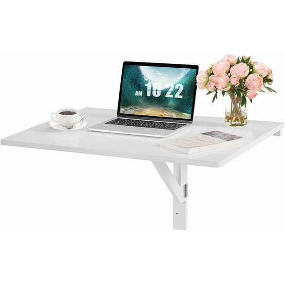 Wubio Wall Mounted Desk, 31.5" x 23.5" Fold Down for Small Spaces Portable Drop Leaf Table, Collapsible Floating Workbench for Home Office, Garage, Bar, Kitchen or Laundry Room, White