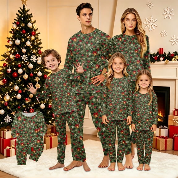 Wuceii Christmas Pajamas Family Matching Set - 2 piece Comfy Green Holly & Candy Cane Print Long Sleeve Tops Pants Sleepwear, Christmas Eve Sleepover Outfit Pajamas for Family Photos for 5 Years Pjs