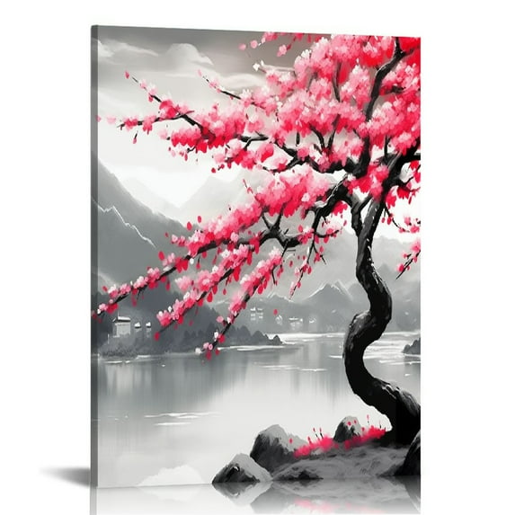 Wuche  Cherry Blossom Decor - Japanese Decor Cherry Blossom Wall Art Black White Wall Art Pink Floral Painting Art Paintings Living Room Wall Decorations Wall Decor Bedroom Framed  12x16 in