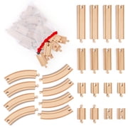 WudBudz Wooden Train Tracks 24 Pieces Set, Track Expansion Pack with Storage Bag - Includes Male/Female Adapters - 100% Compatible with All Major Brands