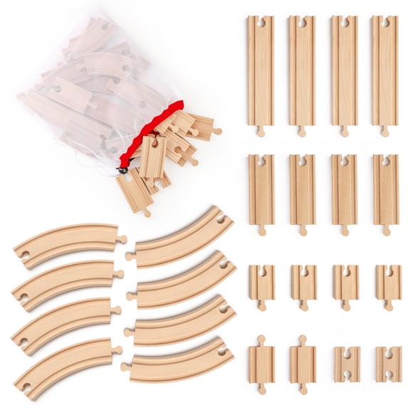 WudBudz Wooden Train Tracks 24 Pieces Set, Track Expansion Pack with Storage Bag- IncludesMale/Female Adapters - 100% Compatible with All Major Brands