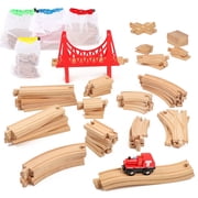 WudBudz Wooden Train Tracks Set 60 Pcs, Wood Train Track Expansion - 100% Compatible with All Major Brands