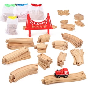 WudBudz Wooden Train Tracks Set 60 Pcs, Wood Train Track Expansion - 100% Compatible with All Major Brands