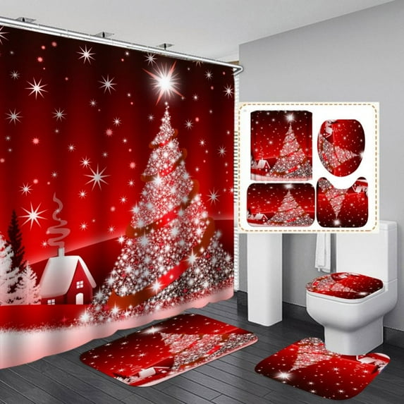 Wuff Meow Red Christmas Polyester Shower Curtain Set, Waterproof