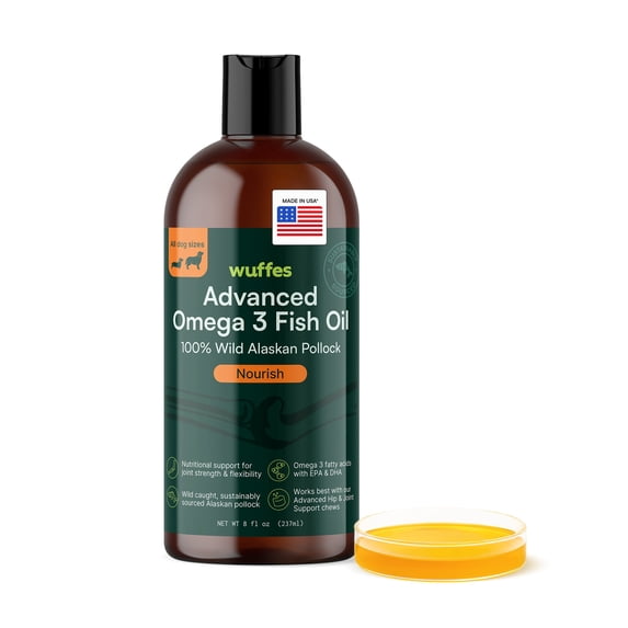 Wuffes Advanced Omega 3 Fish Oil for Dogs, Natural EPA & DHA Fatty Acids, Supports Healthy Skin and Coat, Joint Nutrition, Digestion & Immune System - 100% Pure Wild Alaskan Fish Oil - 8 Oz