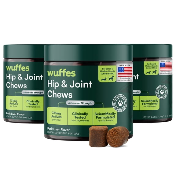 Wuffes Chewable Dog Hip & Joint Supplement - Glucosamine & Chondroitin Chews - Dog Joint Supplements & Vitamins - Extended Joint Care (Small&Medium Breeds (0-65 lbs), 180 Chews (Pack of 3))