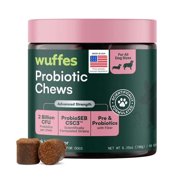 Wuffes Daily Probiotic for Dogs - Supports Digestive Health, Gut Balance, and Immune System - with Prebiotics, Marshmallow Root, and Pumpkin Powder - 60 Soft Chews