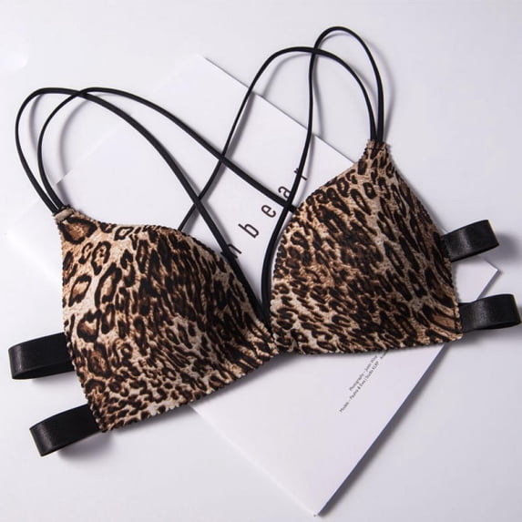 Wuffmeow Fashion Leopard Print Big Flower Print Bra New Bra Front Buckle Deep V Gather Cross Beauty Back Bra For Women,B,32B