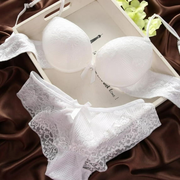 Wuffmeow Sexy Women Lace Bra Set Cotton Embroidery Underwear Push Up Bra and Briefs,White,36B