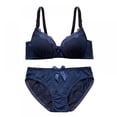 thumbnail image 1 of Wuffmeow Women Lace Padded Push Up No Steel Ring Small Chest Gathered Back Closure Adjustment Bow Adjusted-straps Bra Briefs Set,Dark Blue,36B, 1 of 6