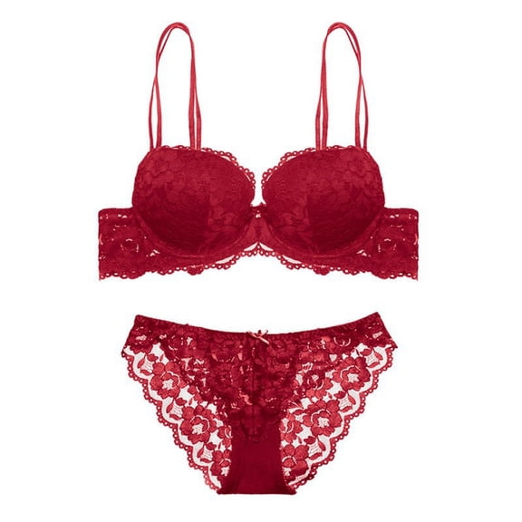 Wuffmeow Womens Lace Embroidery Push-up Bra Set Wire Free Padded Lingerie Underwear