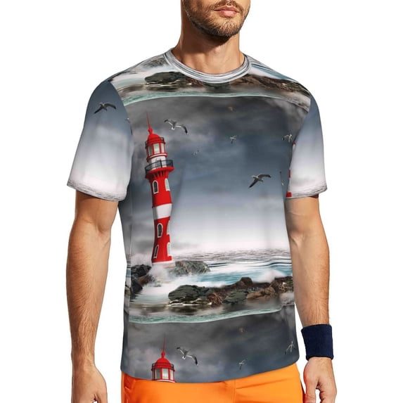 Wukai 3d Lighthouse in the Surf Print Men's Short-Sleeved Mesh T-Shirt,Quick-Dry Short Sleeve Workout T-Shirt-Medium