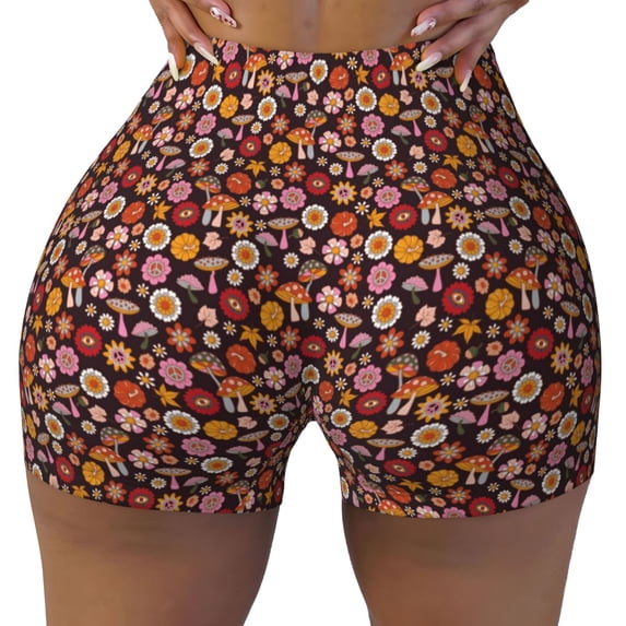 Wukai 70s Groovy Hippie Retro Print Pack Biker Shorts for Women Yoga Workout Gym Running Scrunch Active Shorts-Medium
