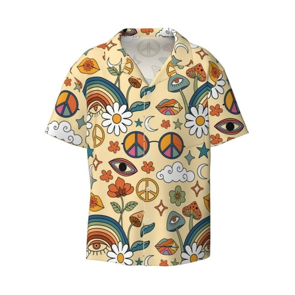 Wukai 70s Hippie Style Men's Casual Short-Sleeve Button Down Shirt - Lightweight Summer Dress Shirt for Daily Wear-Small